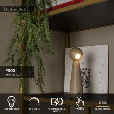 Lucide IPSOS - Lampe de table Rechargeable - Batterie/Piles - LED Dim. - 1x3W 2700K - Taupe